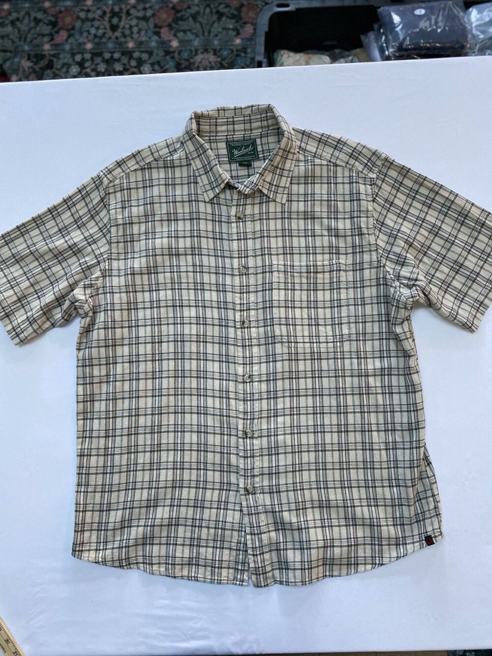 Woolrich Mens XL Plaid Button Down Shirt Short Sleeve Cotton Beige Earthy Cabin